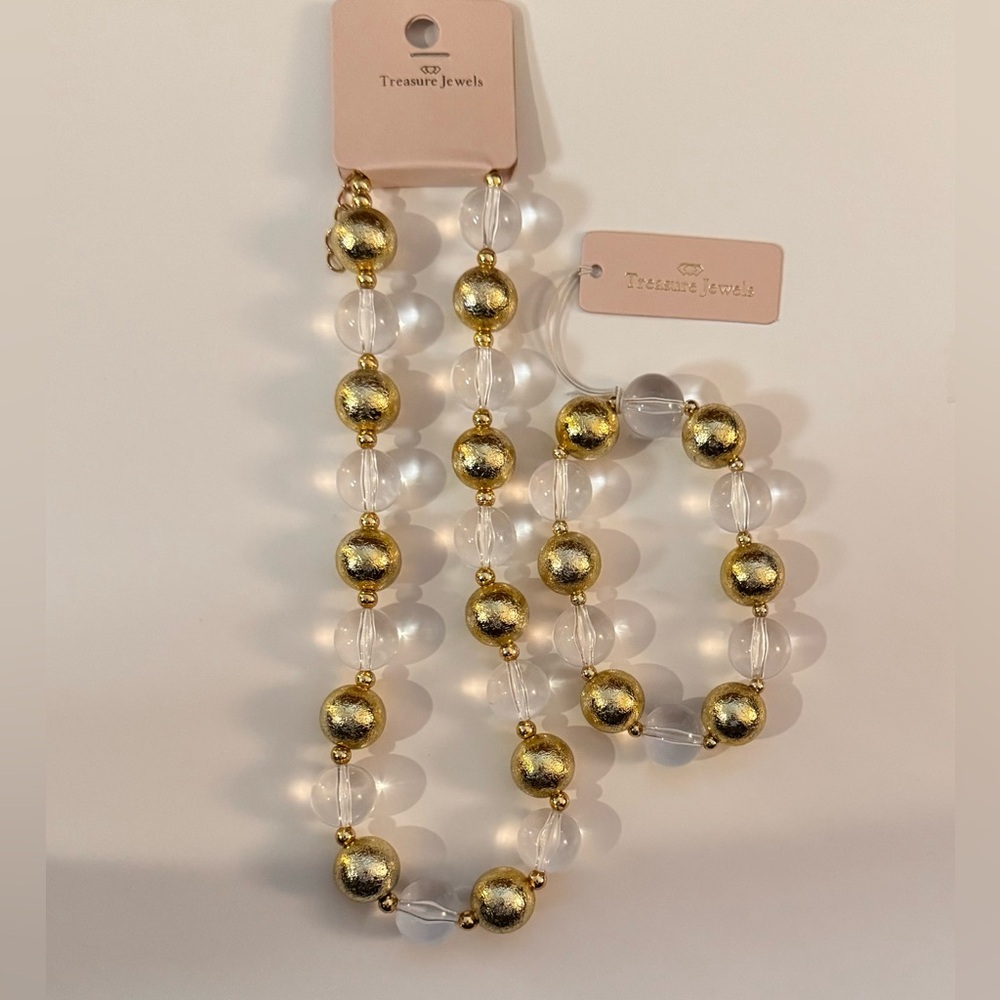 Treasure Jewels Set (necklace and bracelet) Chic Gold and Clear Beaded Necklace
